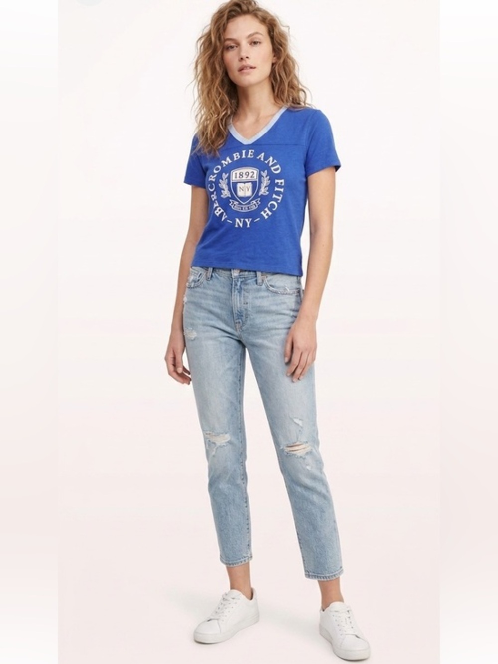 New Abercrombie | Blue & White Crewneck Cropped Varsity Top Preppy